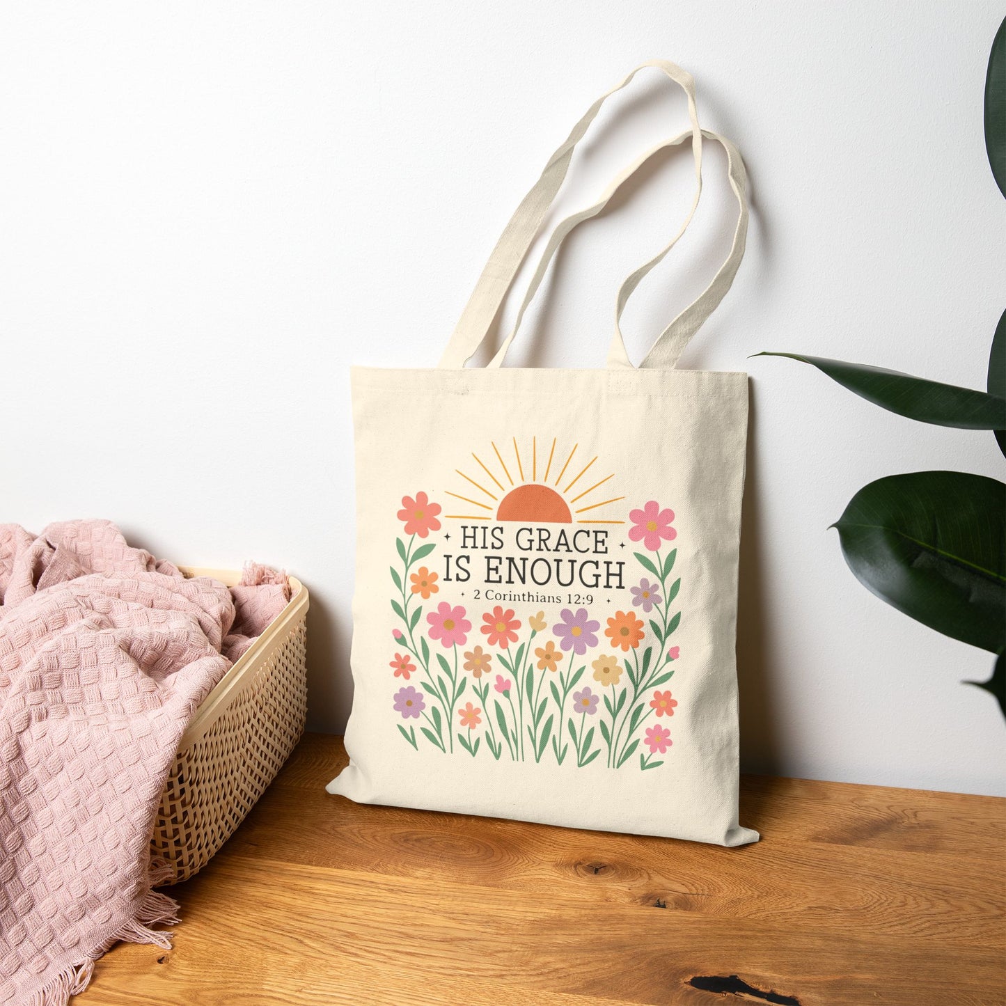 Tote Bag — "His Grace Is Enough" Floral Scripture Canvas Tote