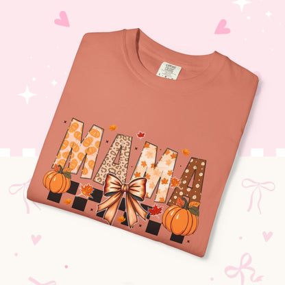 Mama Pumpkin Graphic T-Shirt — Fall Plaid Bow Shirt for Moms