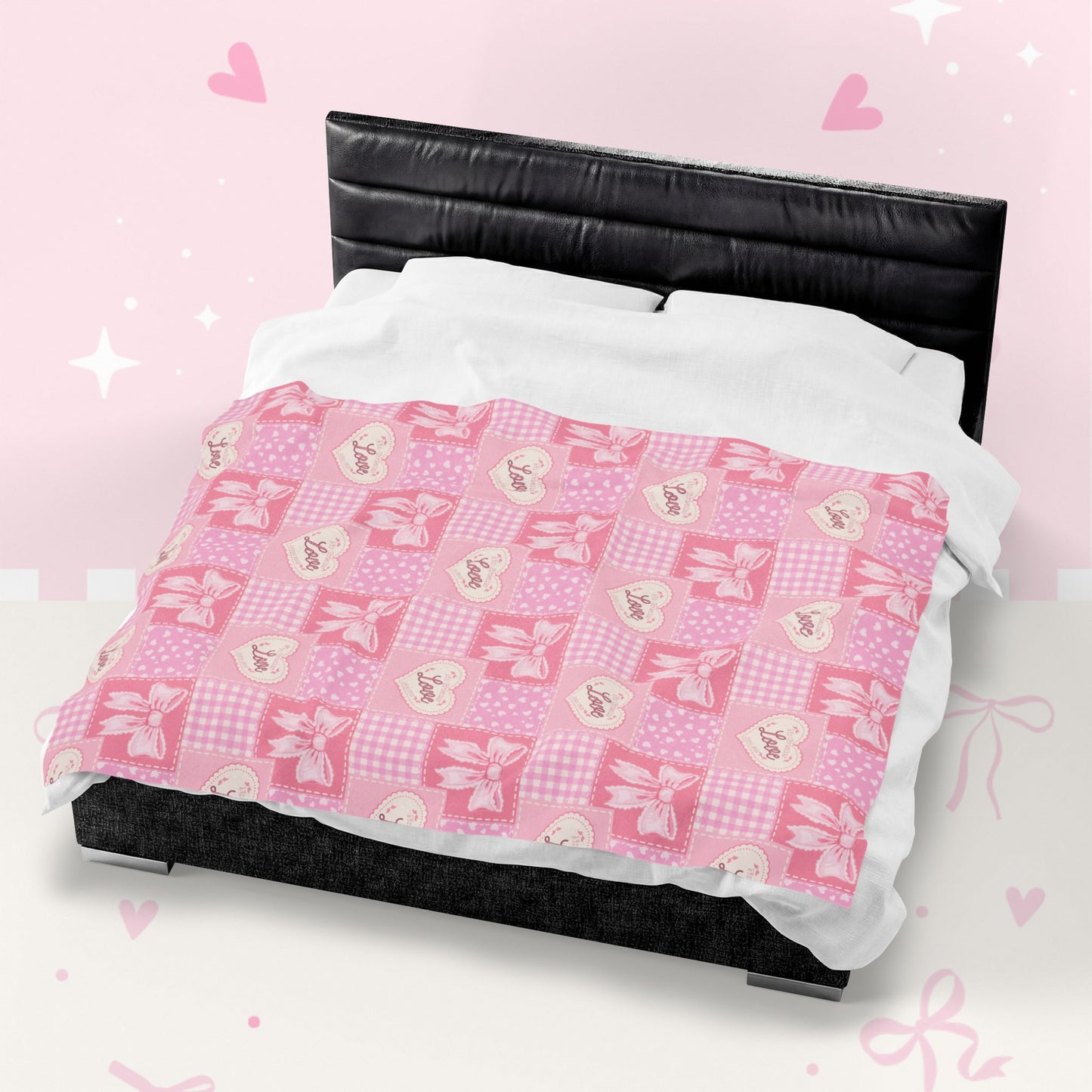 Heart & Bow Pink Velveteen Blanket – 'Love' Patchwork Plush Throw