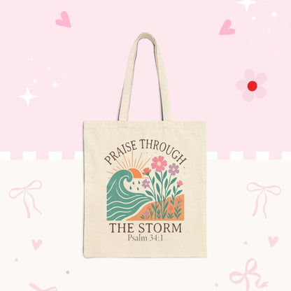 Tote — "Praise Through the Storm (Psalm 34:1)" Floral Wave Canvas Tote