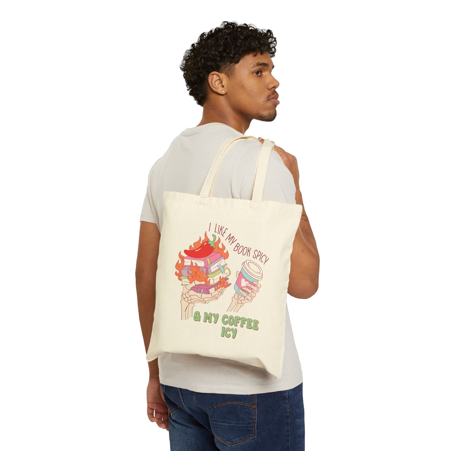 Tote Bag — "I Like My Books Spicy & My Coffee Icy" Illustrated Canvas Tote