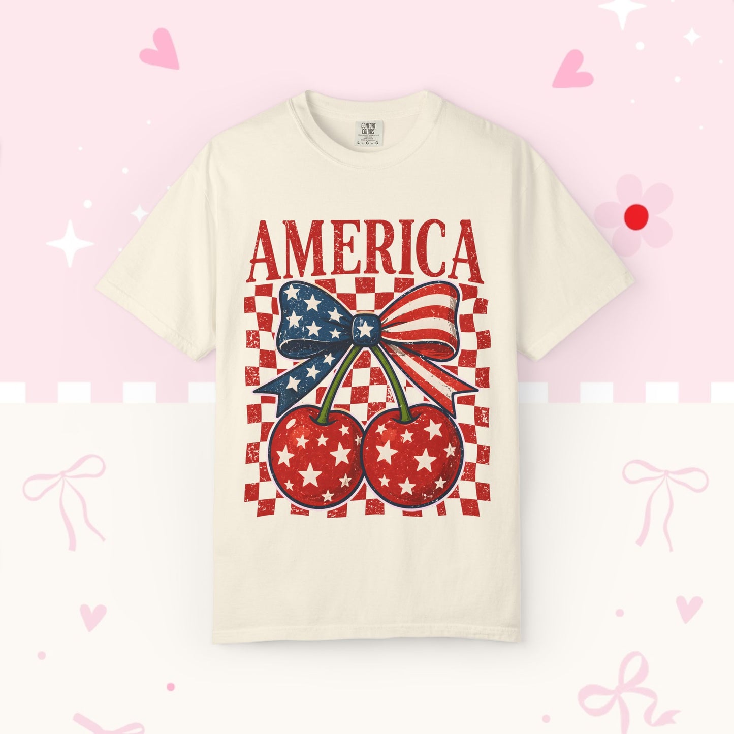 America Cherry Graphic T-Shirt — Patriotic USA Bow Design
