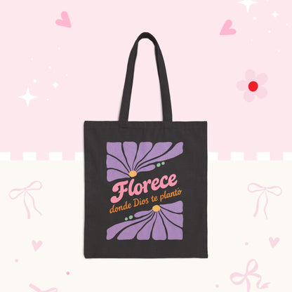 Florece Tote Bag – "Florece donde Dios te planta" Floral Canvas Market Bag