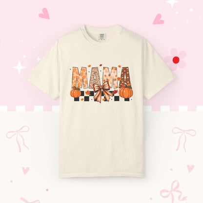 Mama Pumpkin Graphic T-Shirt — Fall Plaid Bow Shirt for Moms