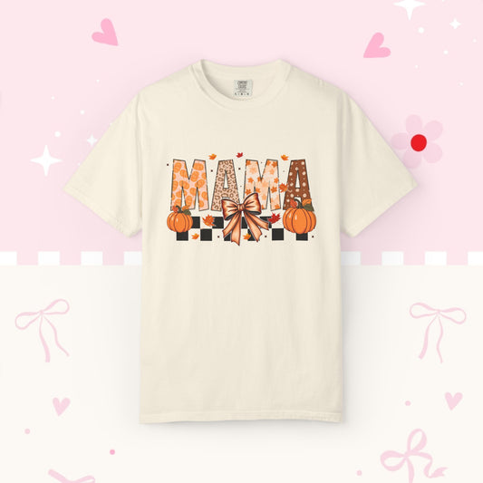 Mama Pumpkin Graphic T-Shirt — Fall Plaid Bow Shirt for Moms