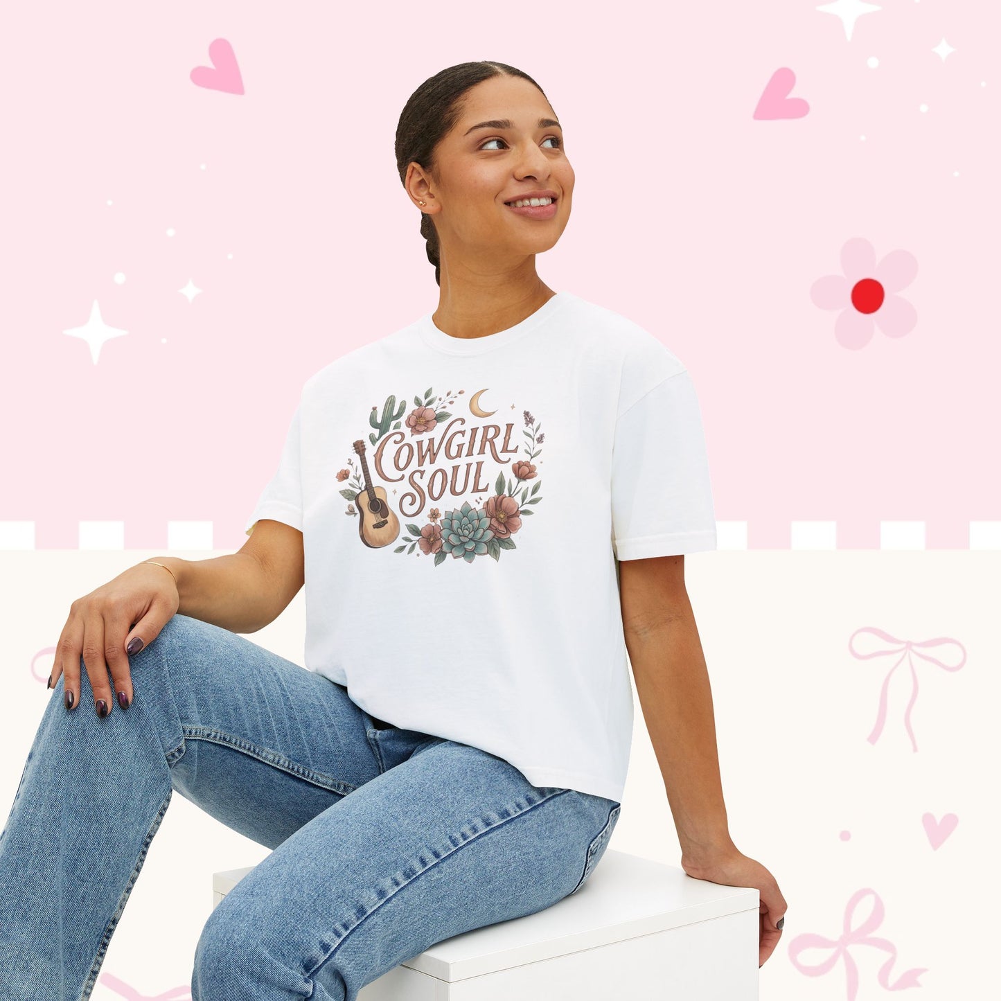 Cowgirl Soul Women's Boxy Tee — Floral Guitar Western Graphic