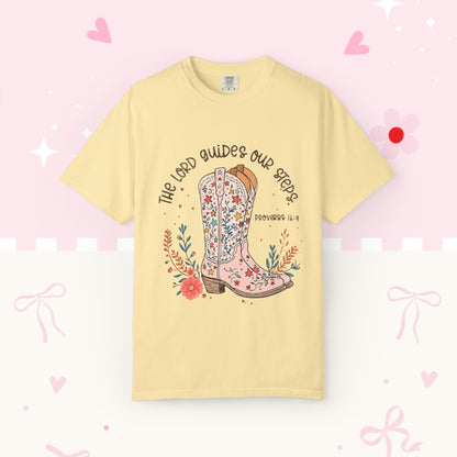 Christian Cowboy Boots T‑Shirt — "The Lord Guides Our Steps" Floral Western Tee