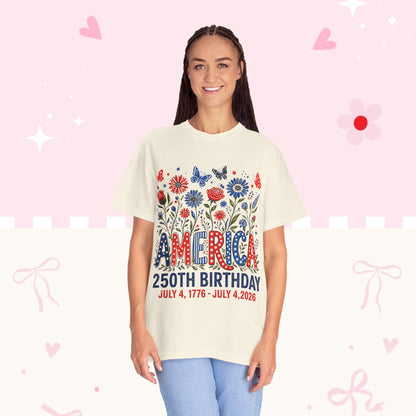 America 250th Birthday T-Shirt — July 4, 1776–2026 Patriotic Floral Tee