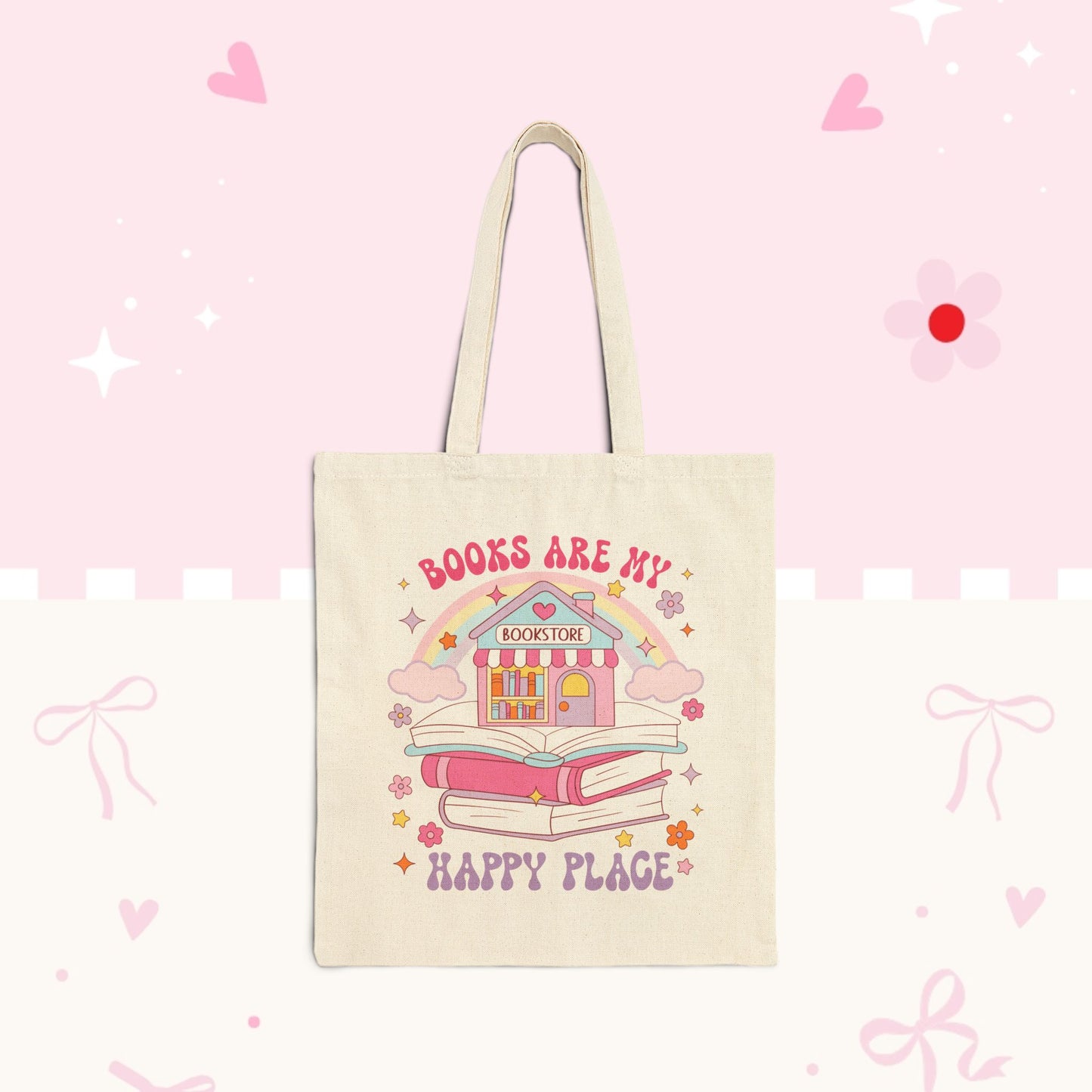 Tote Bag — "Books Are My Happy Place" Cute Bookstore Illustration