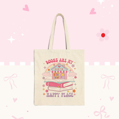 Tote Bag — "Books Are My Happy Place" Cute Bookstore Illustration
