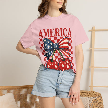 America Cherry Graphic T-Shirt — Patriotic USA Bow Design