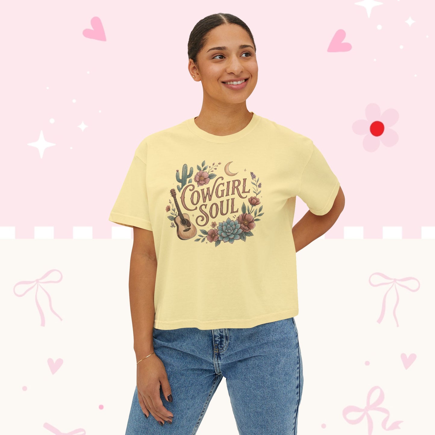 Cowgirl Soul Women's Boxy Tee — Floral Guitar Western Graphic