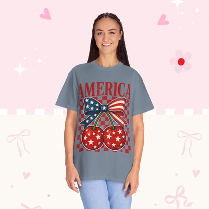 America Cherry Graphic T-Shirt — Patriotic USA Bow Design