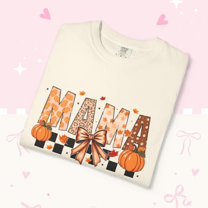 Mama Pumpkin Graphic T-Shirt — Fall Plaid Bow Shirt for Moms