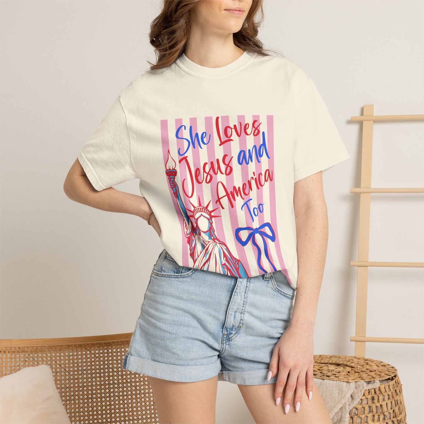 She Loves Jesus and America Too T-Shirt — Patriotic Faith Graphic Tee