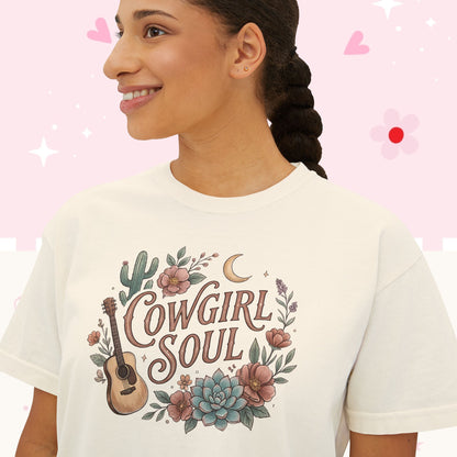Cowgirl Soul Women's Boxy Tee — Floral Guitar Western Graphic