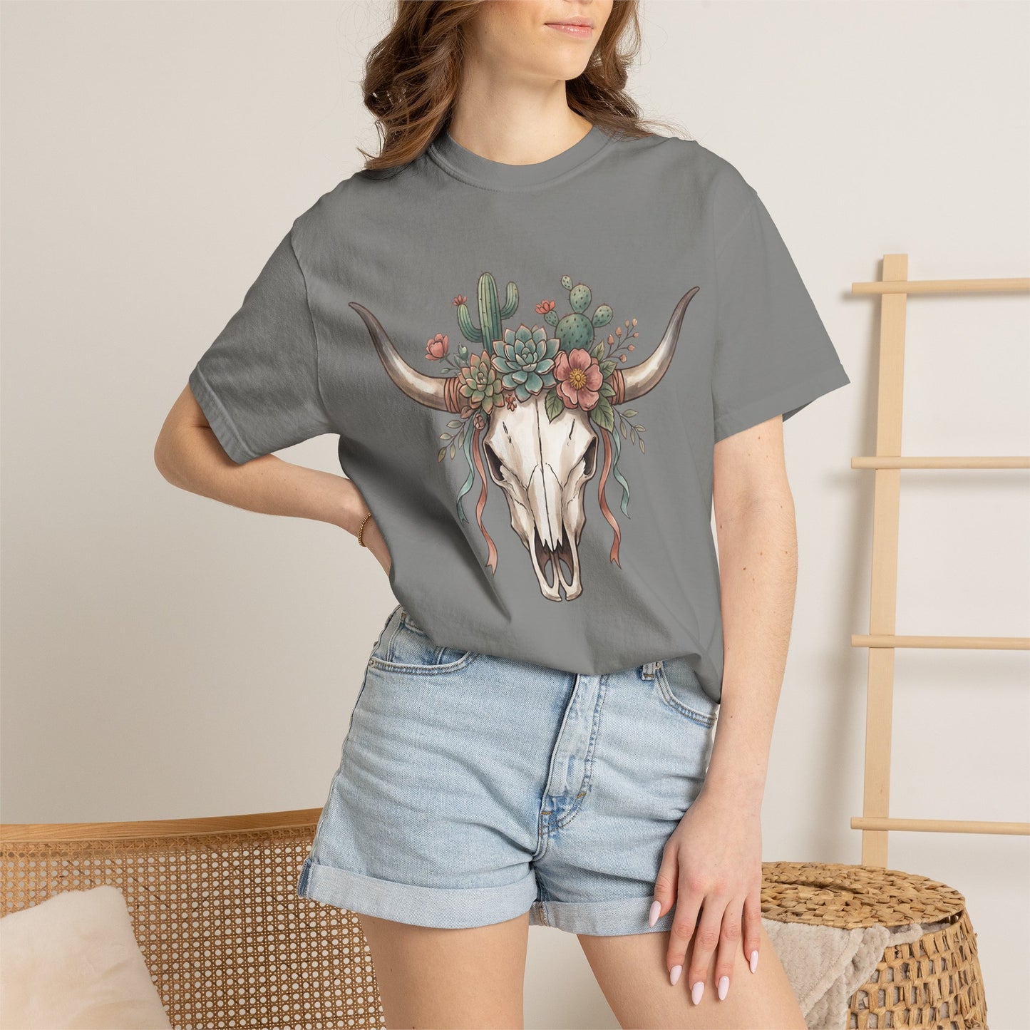 Cow Skull Floral Tee — Western Boho Cactus Graphic T-Shirt