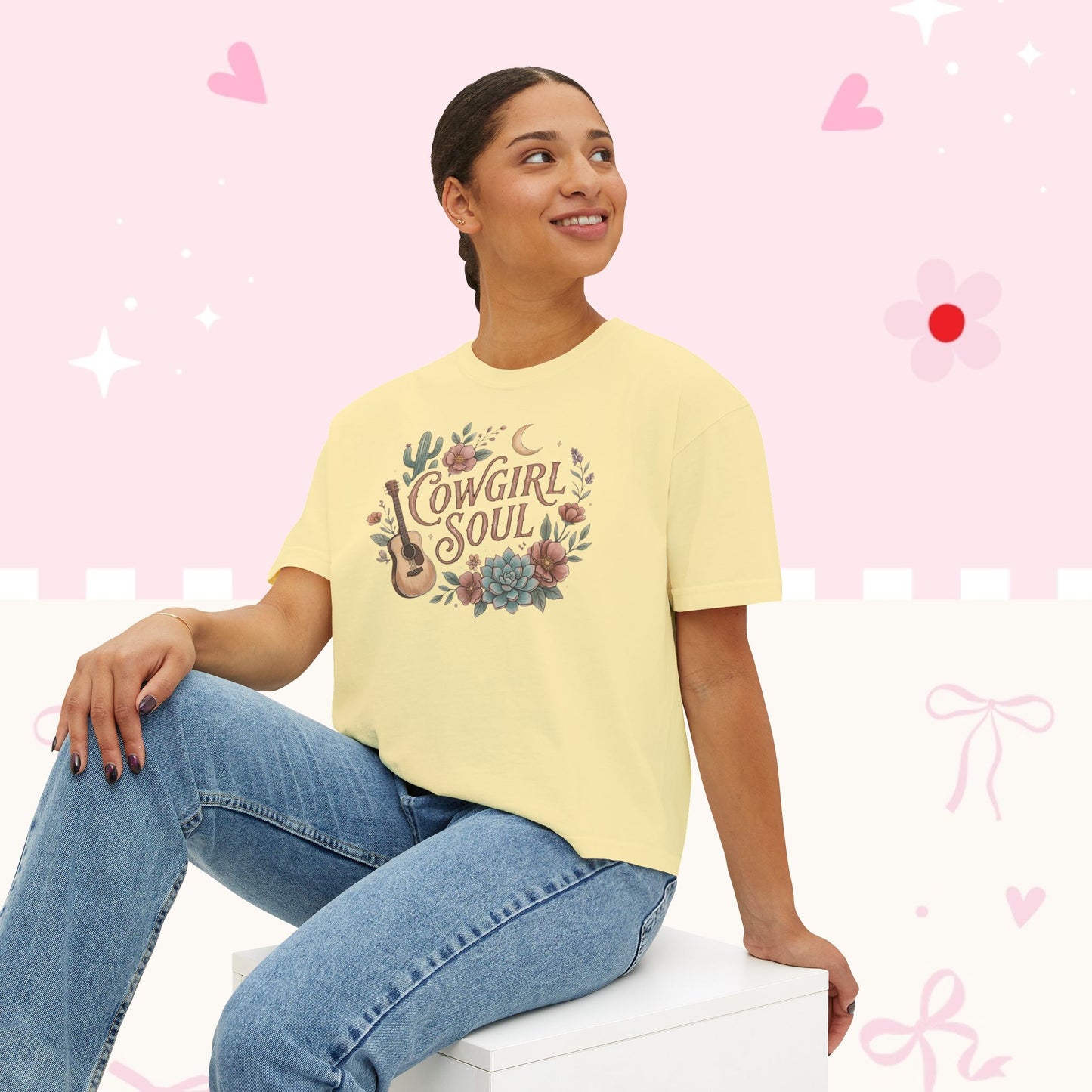 Cowgirl Soul Women's Boxy Tee — Floral Guitar Western Graphic