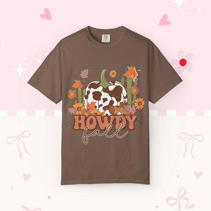 Howdy Fall T-Shirt — Cow Print Pumpkin Autumn Tee