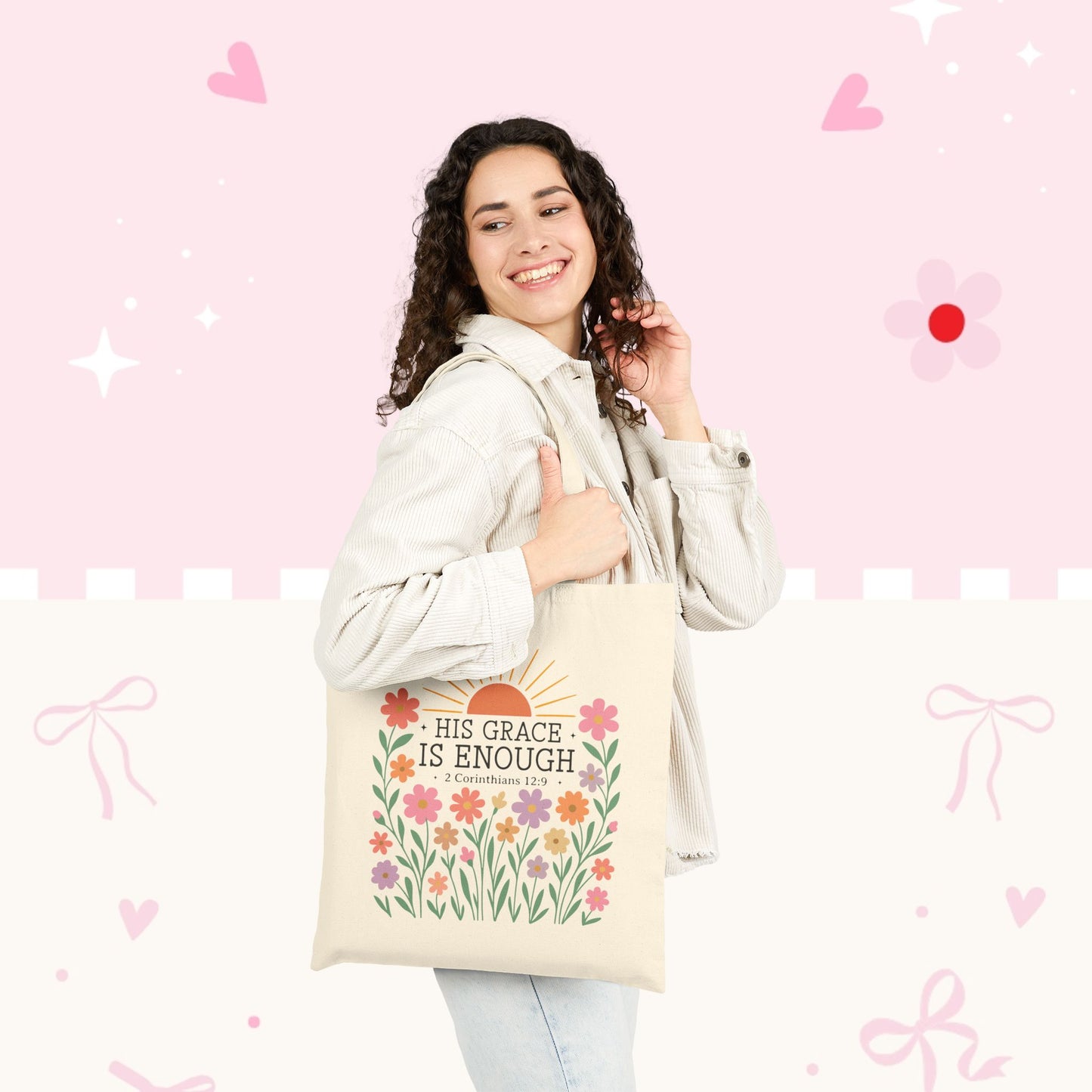 Tote Bag — "His Grace Is Enough" Floral Scripture Canvas Tote