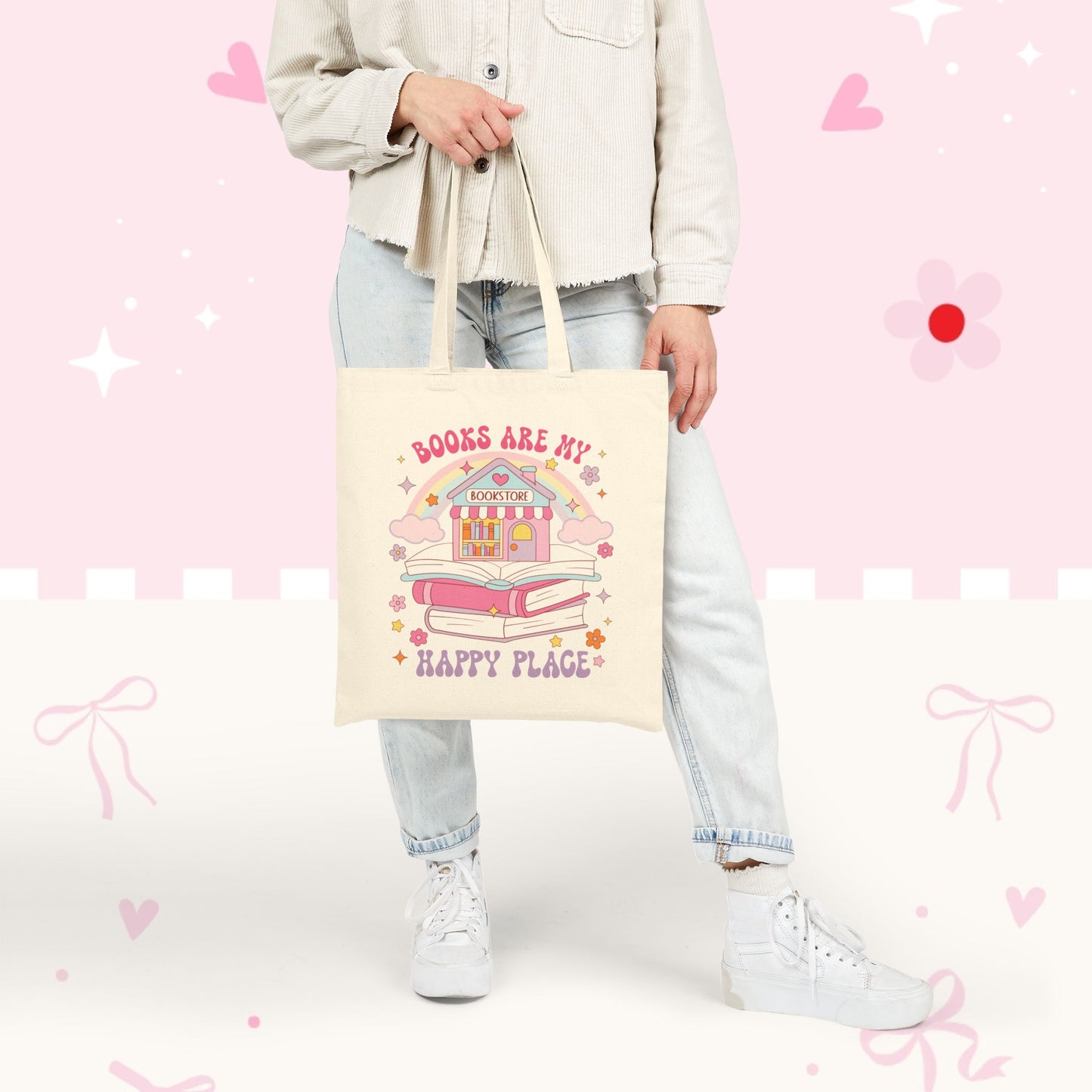 Tote Bag — "Books Are My Happy Place" Cute Bookstore Illustration