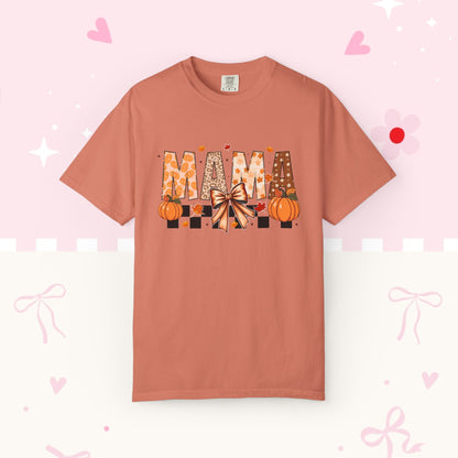 Mama Pumpkin Graphic T-Shirt — Fall Plaid Bow Shirt for Moms