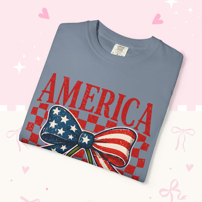 America Cherry Graphic T-Shirt — Patriotic USA Bow Design