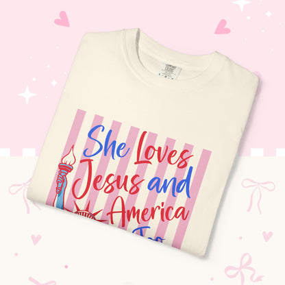 She Loves Jesus and America Too T-Shirt — Patriotic Faith Graphic Tee