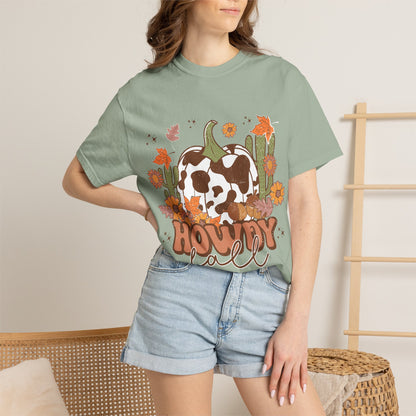 Howdy Fall T-Shirt — Cow Print Pumpkin Autumn Tee