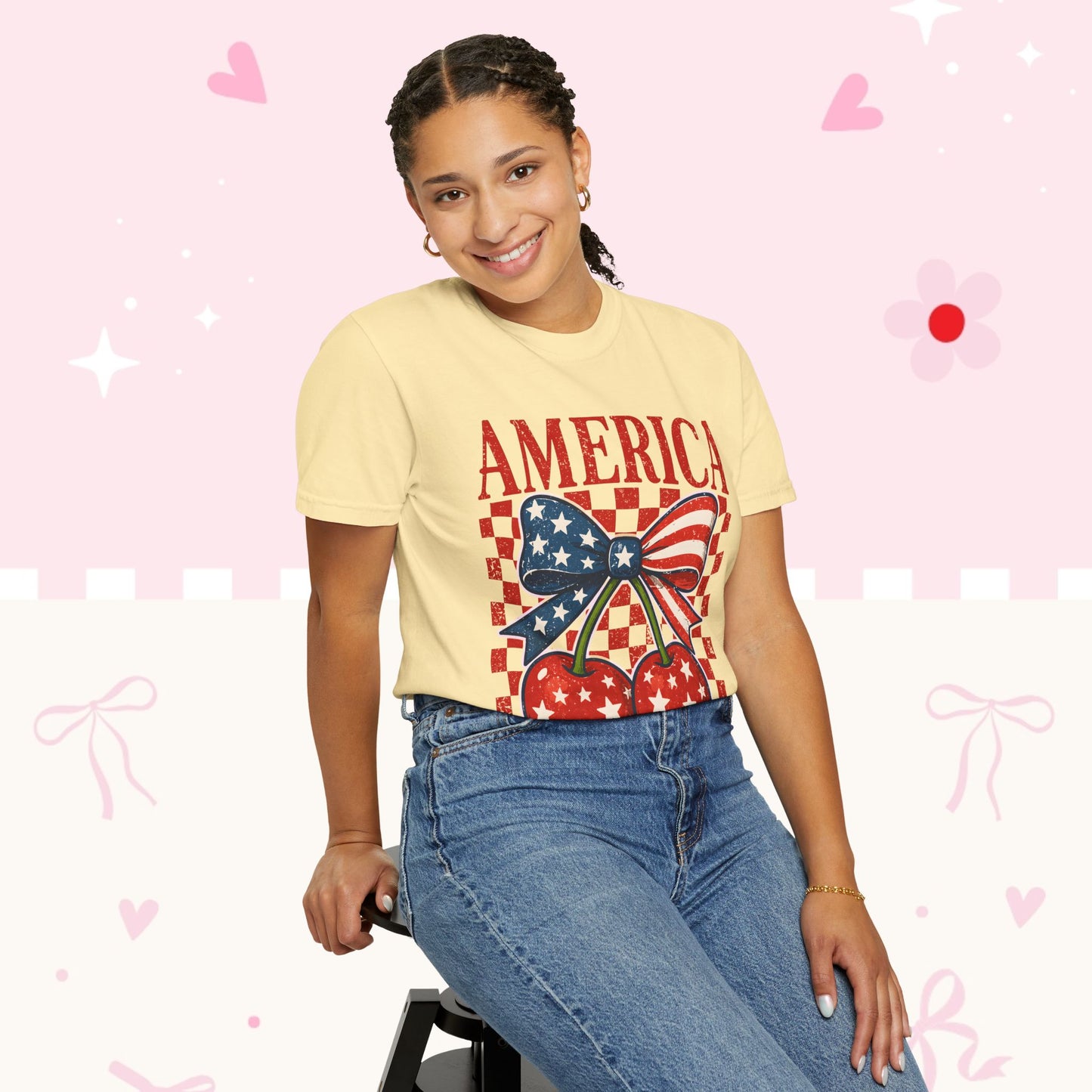 America Cherry Graphic T-Shirt — Patriotic USA Bow Design
