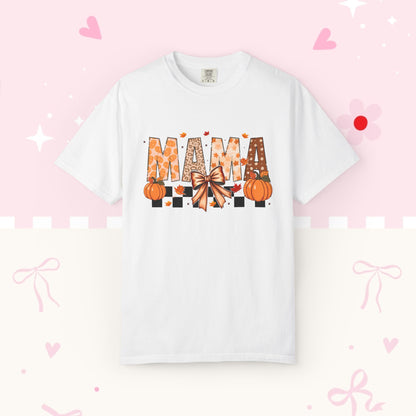 Mama Pumpkin Graphic T-Shirt — Fall Plaid Bow Shirt for Moms