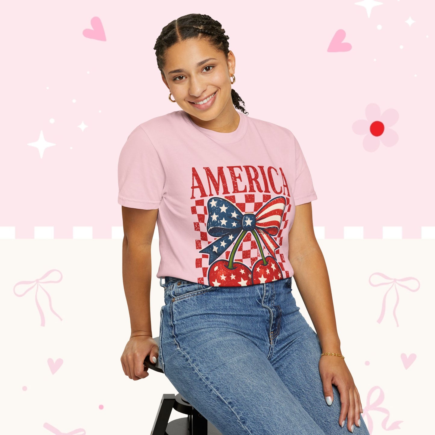 America Cherry Graphic T-Shirt — Patriotic USA Bow Design