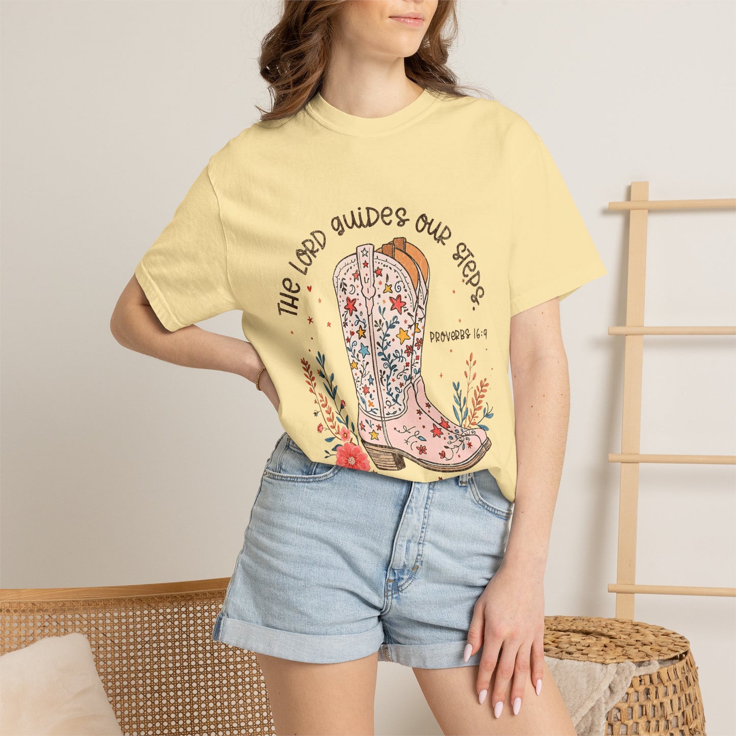 Christian Cowboy Boots T‑Shirt — "The Lord Guides Our Steps" Floral Western Tee