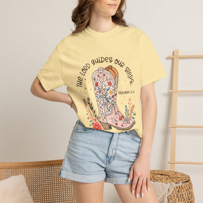 Christian Cowboy Boots T‑Shirt — "The Lord Guides Our Steps" Floral Western Tee