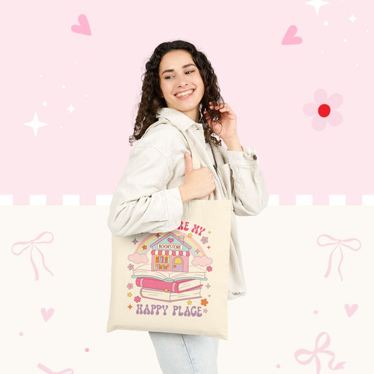 Tote Bag — "Books Are My Happy Place" Cute Bookstore Illustration