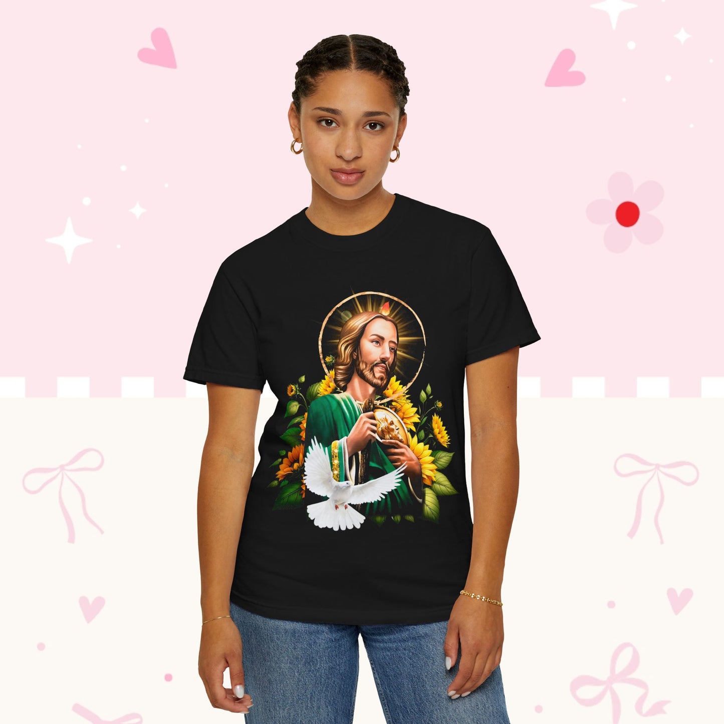 Saint Jude with Dove T-Shirt — Religious Christian Faith Graphic Tee (Sunflowers)