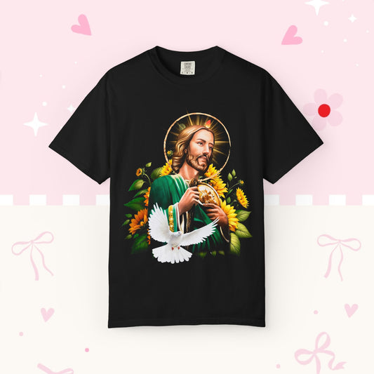 Saint Jude with Dove T-Shirt — Religious Christian Faith Graphic Tee (Sunflowers)