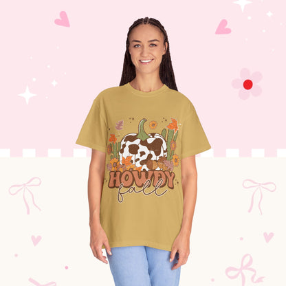 Howdy Fall T-Shirt — Cow Print Pumpkin Autumn Tee