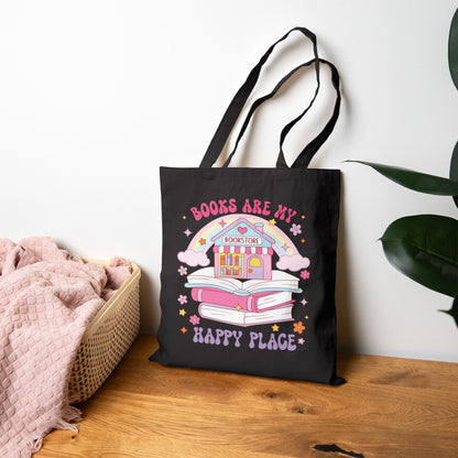 Tote Bag — "Books Are My Happy Place" Cute Bookstore Illustration