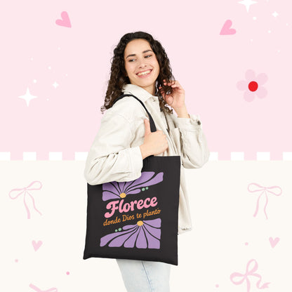 Florece Tote Bag – "Florece donde Dios te planta" Floral Canvas Market Bag