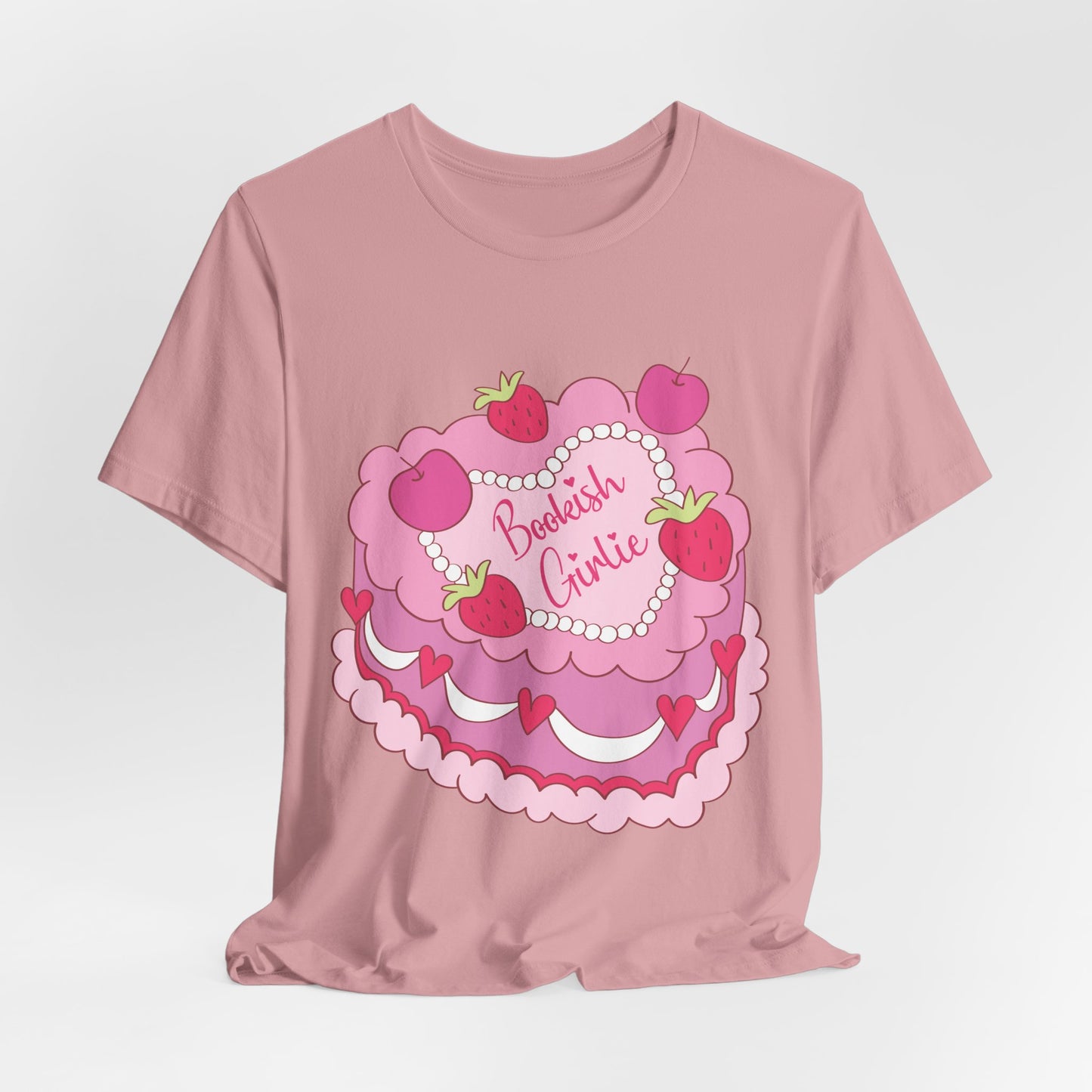 Cake Cutie Tee — “Bookish Girlie” Pink Strawberry Graphic T‑Shirt