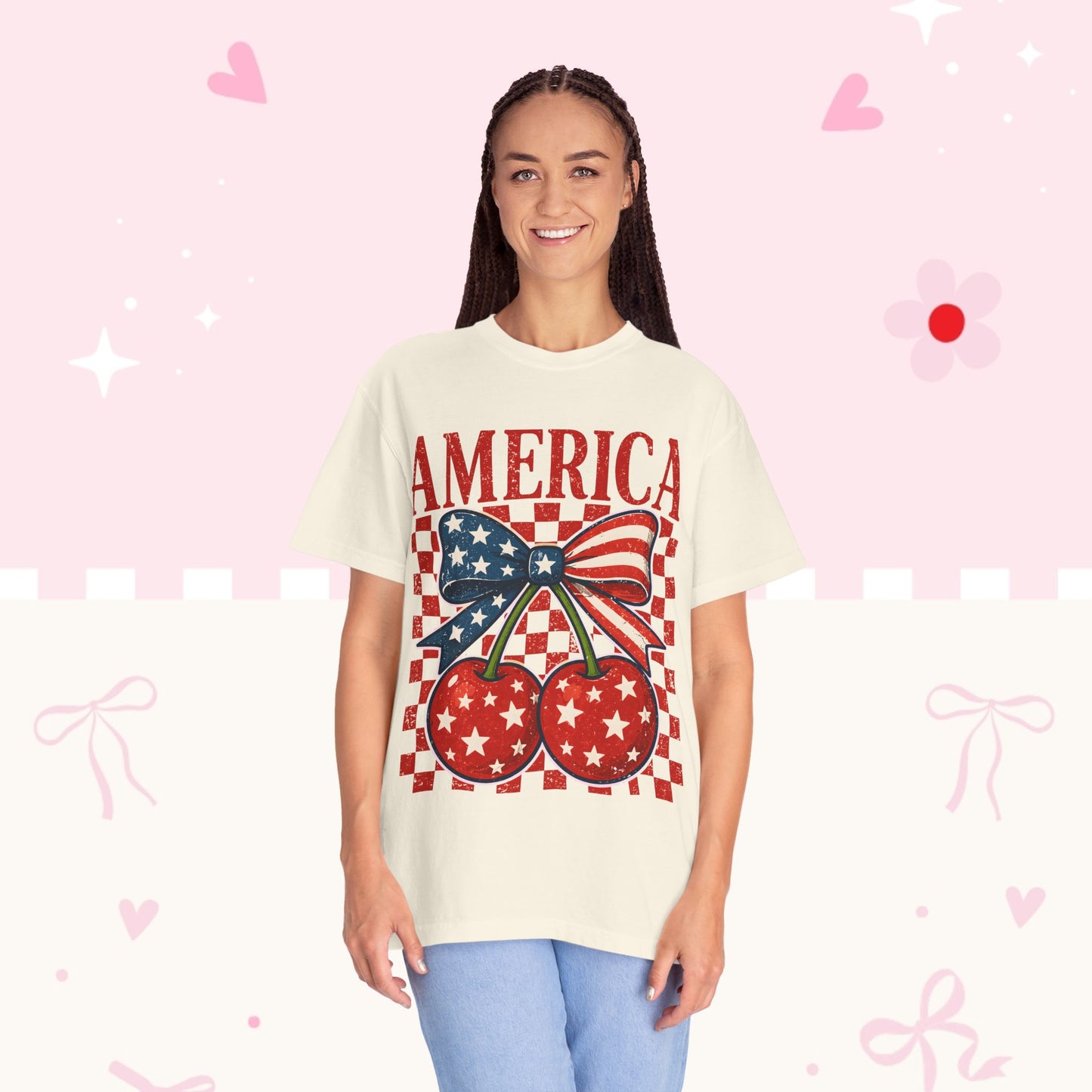 America Cherry Graphic T-Shirt — Patriotic USA Bow Design
