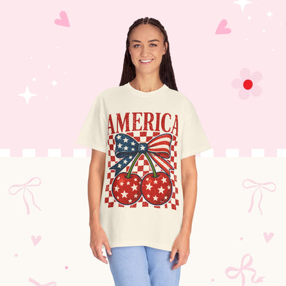 America Cherry Graphic T-Shirt — Patriotic USA Bow Design