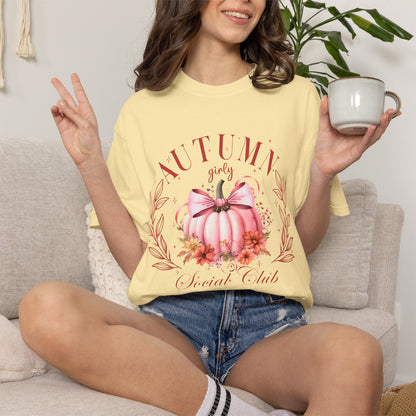 Autumn Girls’ Social Club Graphic T-Shirt — Pink Pumpkin Fall Tee