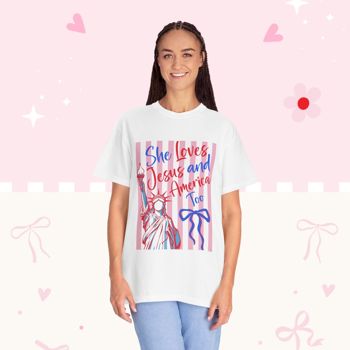 She Loves Jesus and America Too T-Shirt — Patriotic Faith Graphic Tee