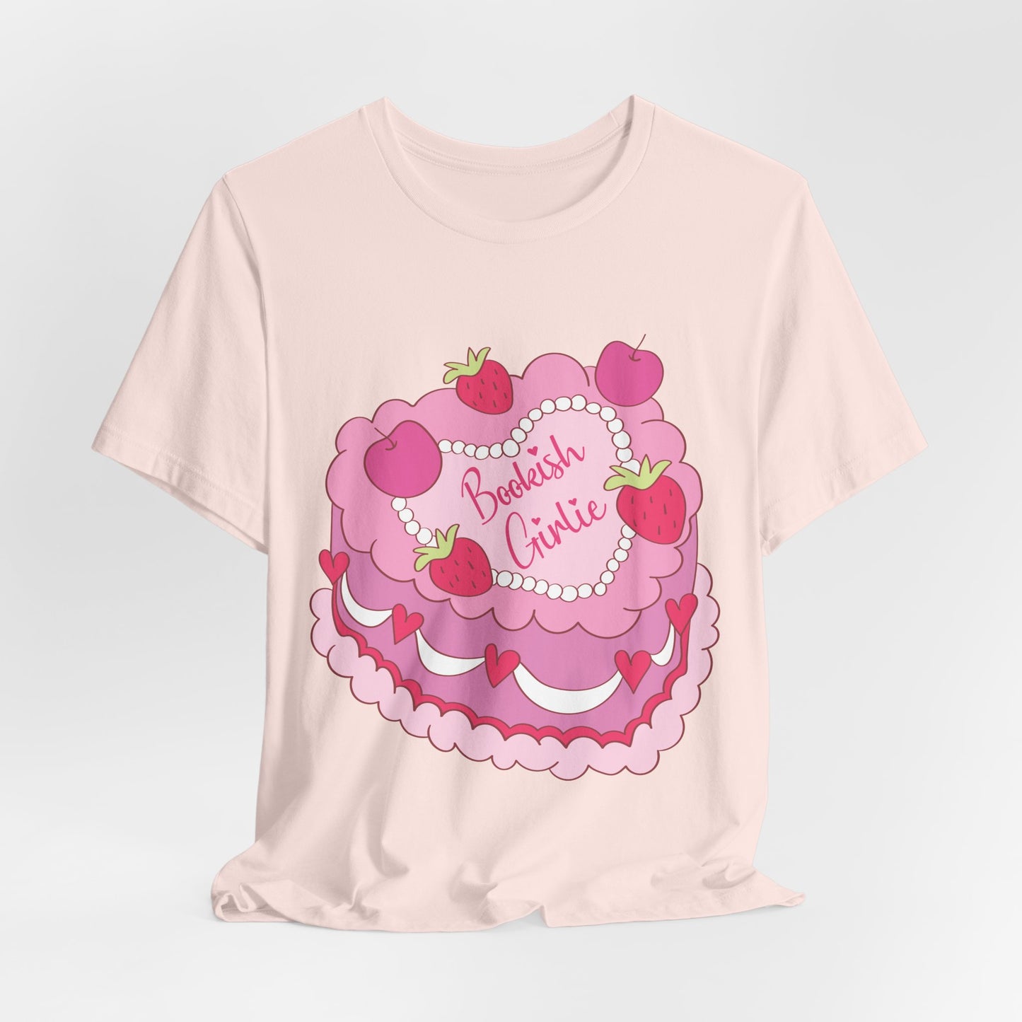 Cake Cutie Tee — “Bookish Girlie” Pink Strawberry Graphic T‑Shirt