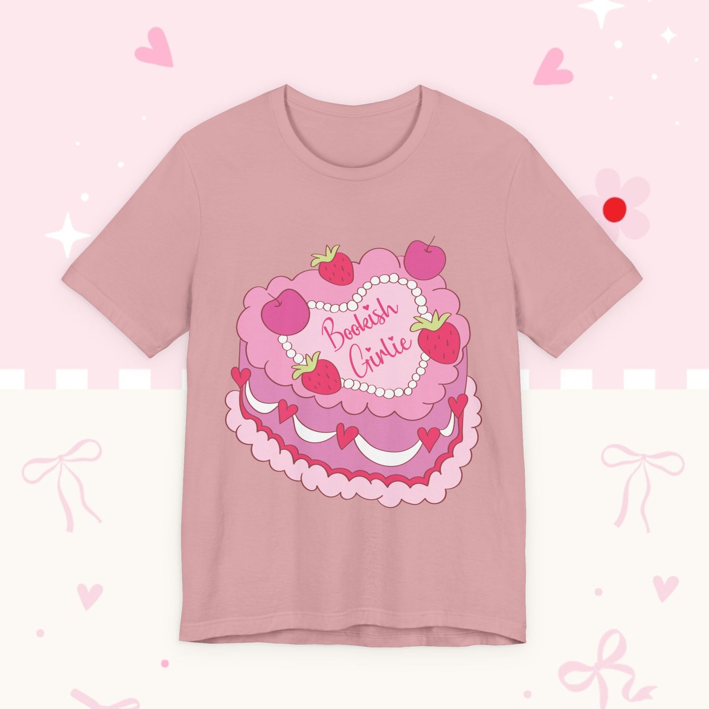 Cake Cutie Tee — “Bookish Girlie” Pink Strawberry Graphic T‑Shirt