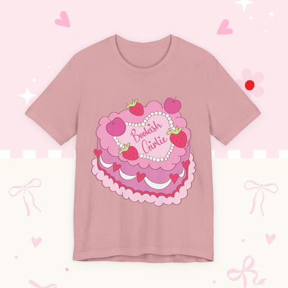 Cake Cutie Tee — “Bookish Girlie” Pink Strawberry Graphic T‑Shirt