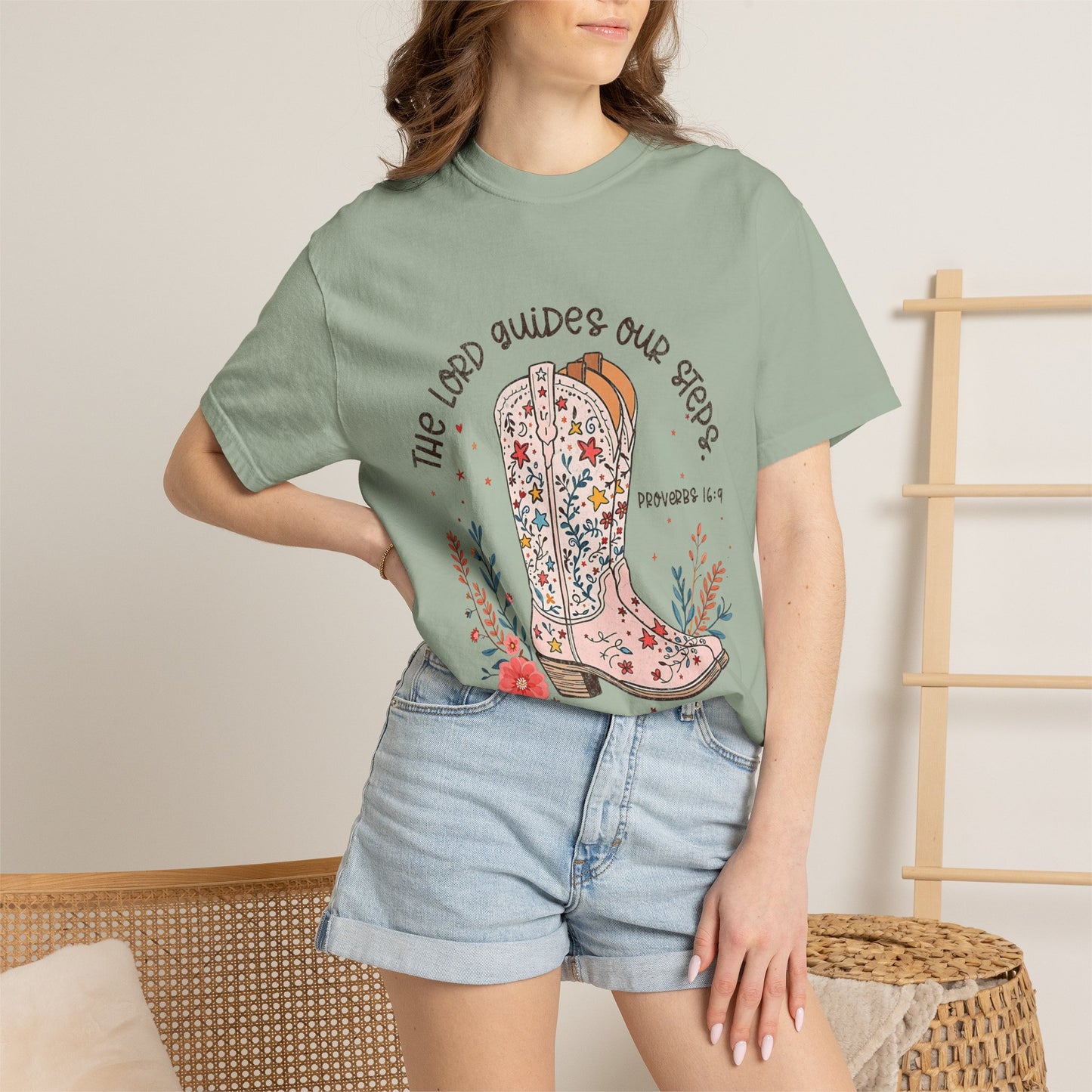 Christian Cowboy Boots T‑Shirt — "The Lord Guides Our Steps" Floral Western Tee