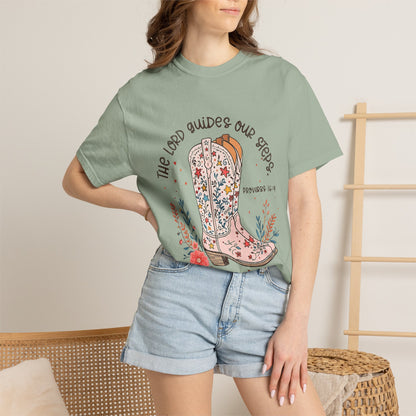 Christian Cowboy Boots T‑Shirt — "The Lord Guides Our Steps" Floral Western Tee